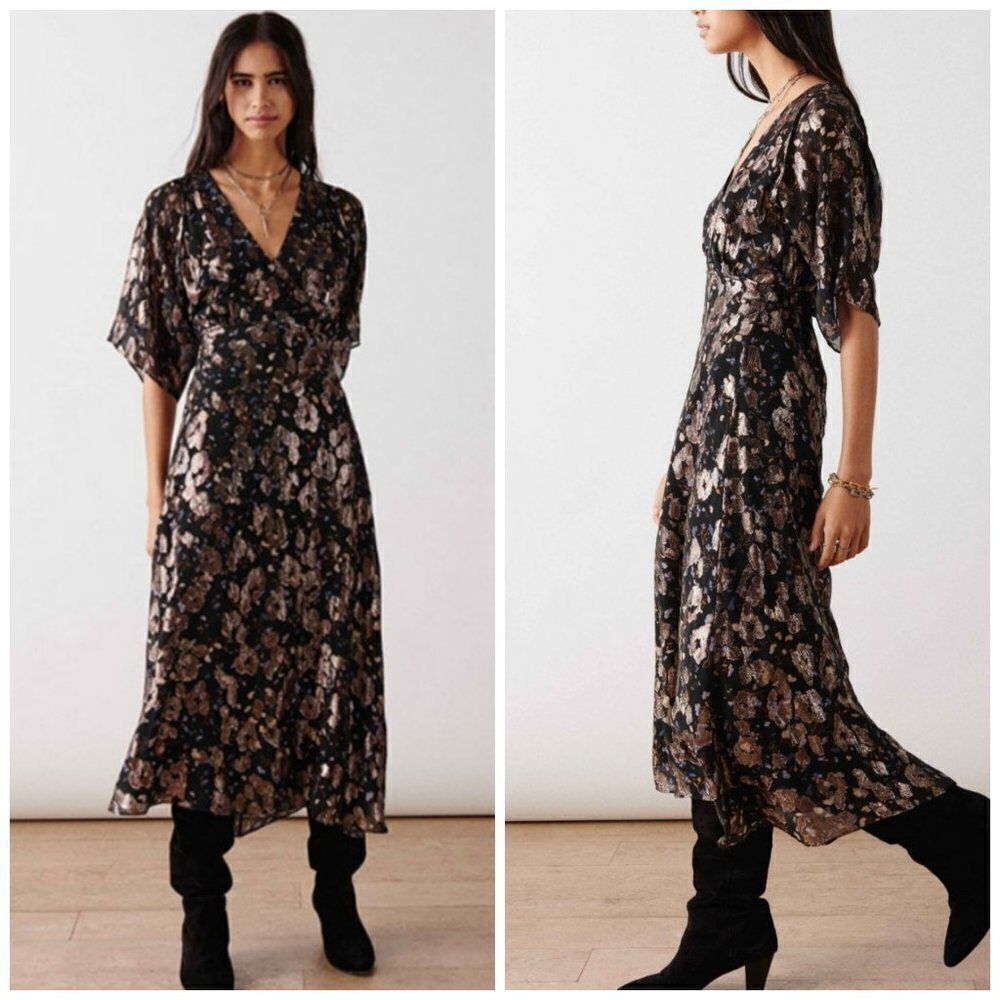 ba&sh Metallic Short Sleeve Silk Print Midi Dress - Picture 3 of 13